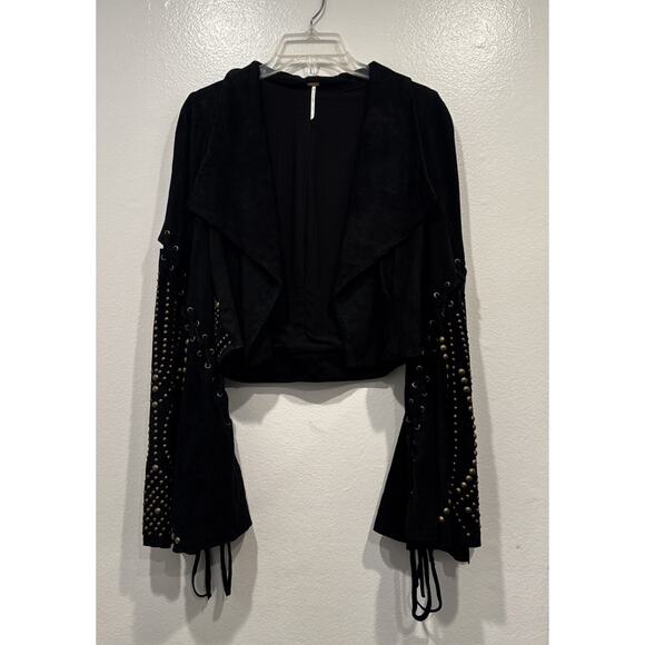 Free People Jackets & Blazers - Free People Black Suede Leather Jacket Studs Women’s Size XS Flared Sleeves READ